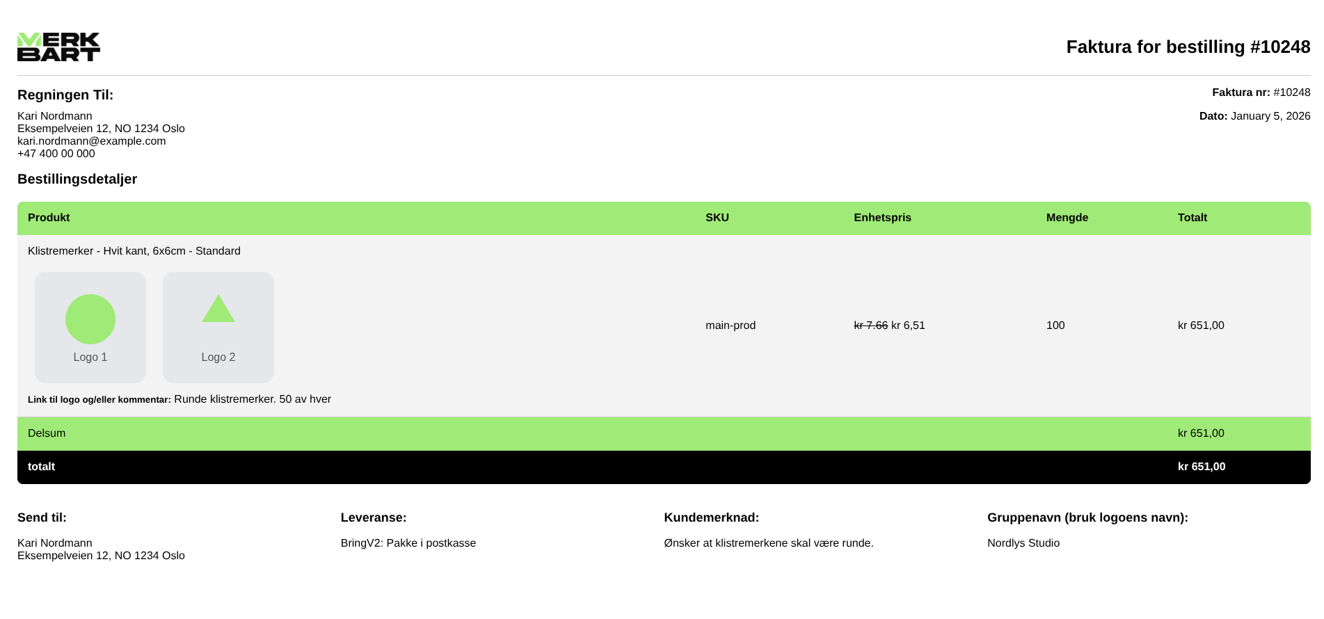 PDF invoice rendering custom order details with uploaded logos