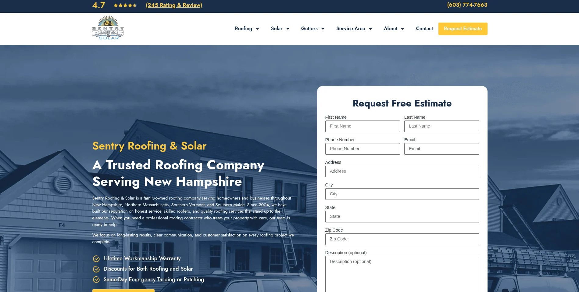 Sentry Roofing NH — WordPress, Divi, WP Forms case study by Deepak Jangra